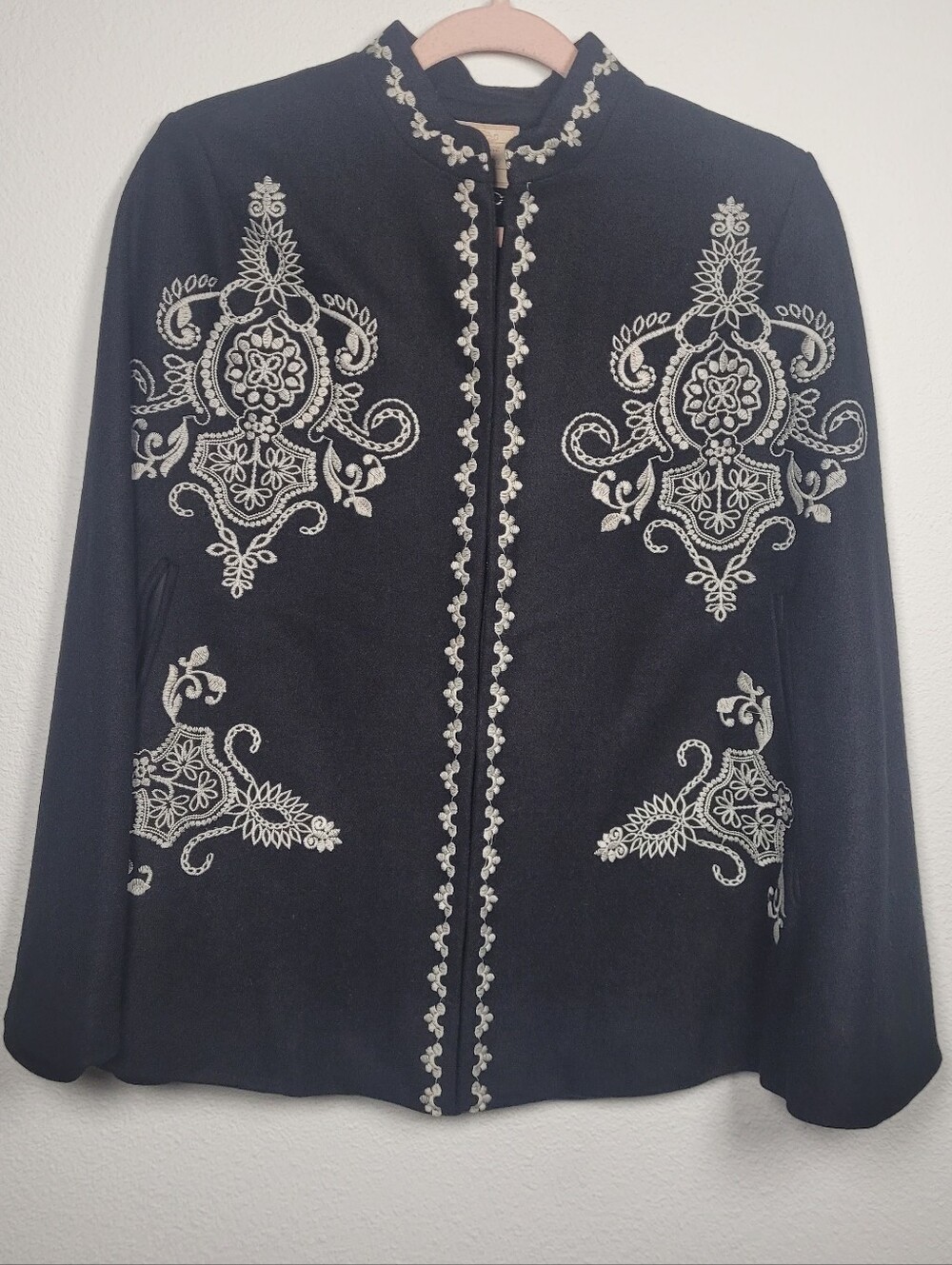 Champagne & Strawberry Boho Embroidered Wool Blend Capelet Coat Black Small Cape
